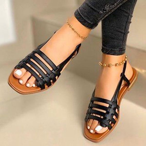 women's flat sandals summer hollow out roman sandals gladiator open toe casual beach ladies shoes outdoor sandalias, Black